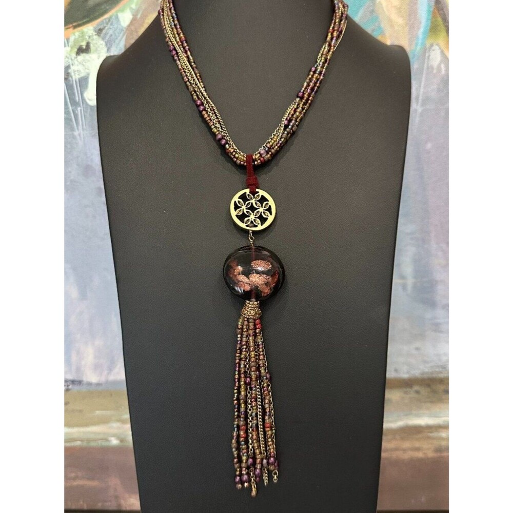 Coldwater Creek Art glass Bead Multi Strand Tassel Long Necklace
